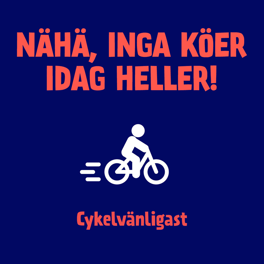 En illustration över en cyklist mot en lila bakgrund och texten "Nähä, inga köer idag heller! Cykelvänligast".