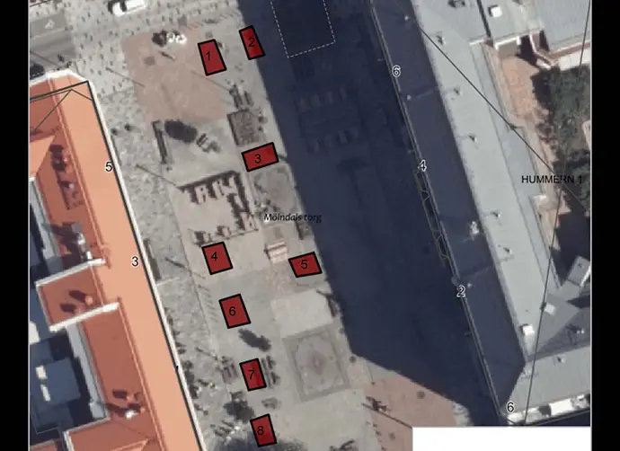En karta som visar Mölndals torg. 8 röda rutor markerar olika platser för valstugor.