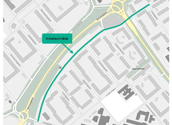 En karta som  visar Lammevallsgatan och området runt. Ett grönt streck visar arbetsområdet.