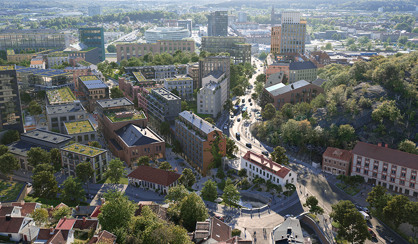 En visionsbild visar hur området från Forsebron, längs med Kvarnbygatan ska se ut. En stadsgata kantas av flervåningshus i lummiga gröna miljöer.