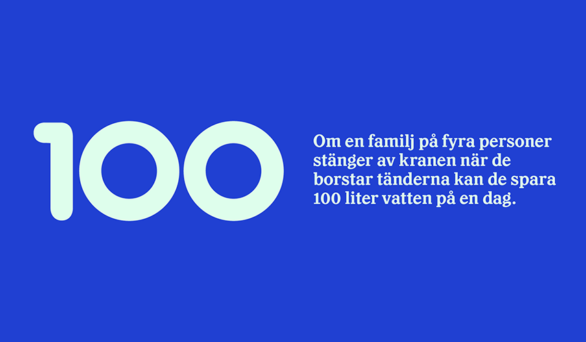 Mot en blå bakgrund står det med stora siffror 100. Därefter kommer texten: "Om en familj på fyra personer stänger av kranen när de borstar tänderna kan de spara 100 liter vatten på en dag".