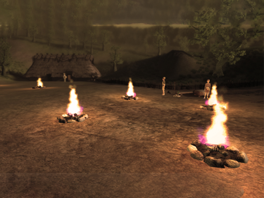 Scen från dataspelet Fylgja. Flera eldar brinner på marken. 