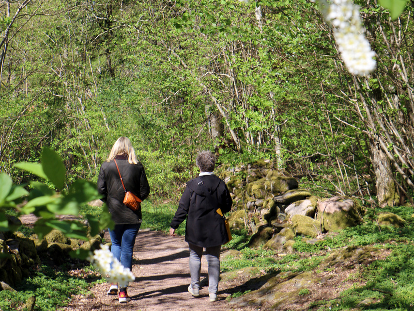 Två personer på promenad på Livereds natur- och kulturstig. 