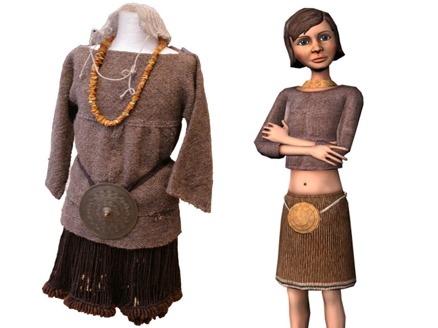 Egtvedflickan ur spelet tillsammans med rekonstruktioner av hennes kläder.