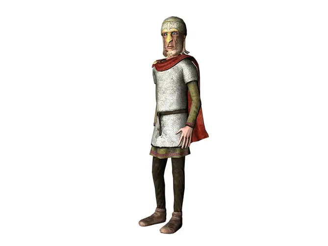 Datoranimerad man. Han är klädd i en ringbrynja och en hjälm med visir.