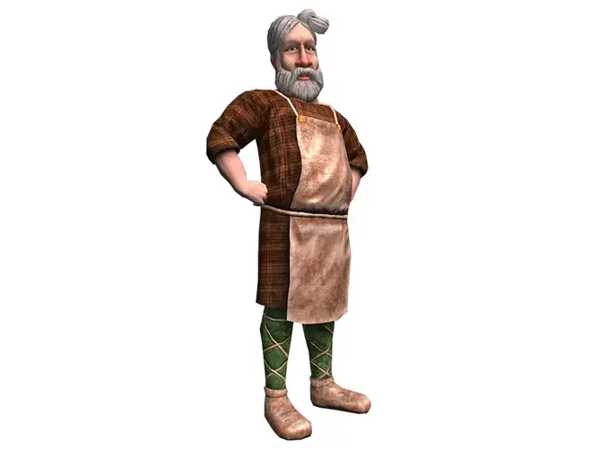 Datoranimerad man med grått hår i en knut i pannan. Mannen är klädd i en rödrutig tunika och ett skinnförkläde.