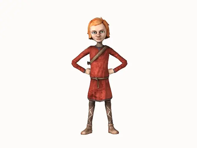 En dataanimerad bild på en flicka i röda klader. Flickan har blont kort år.