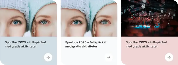 Tre länkkort med två runda hörn av tre. Varje kort innehåller bild, rubrik och pil.