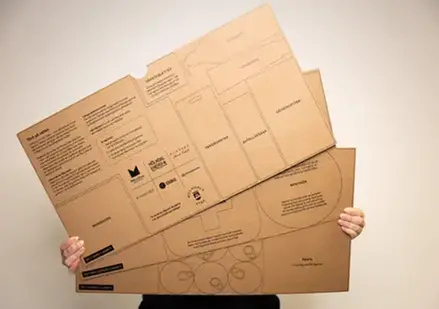 Två stora, brunbruna kartongark med text och illustrationer, hålls av en person.